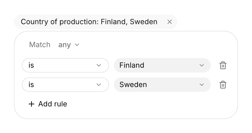 Filter on Country of production with Match any and the rules is Finland and is Sweden