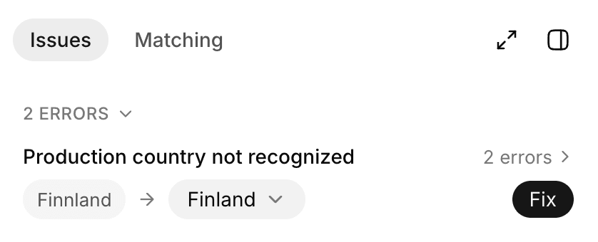 Issues tab with the error group Production country not recognized, replacing Finnland with Finland, and the Fix button