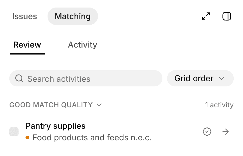 Matching Review tab with the Good match quality section listing Pantry supplies