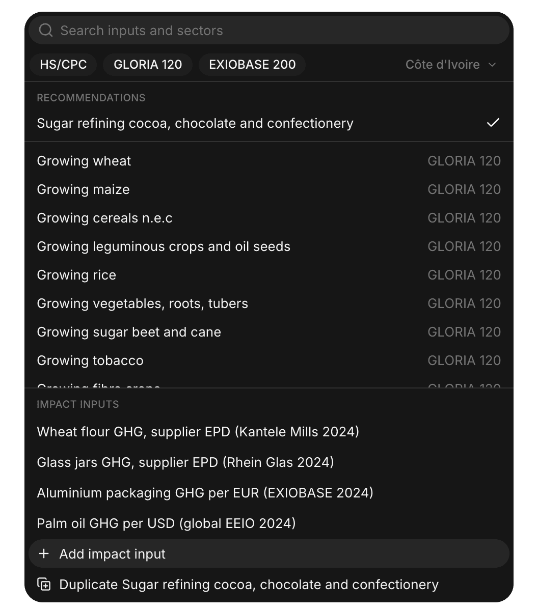 Metric cell list for the GHG emissions of Cocoa mass, with the sectors, the GHG impact inputs, and the actions Add impact input and Duplicate of the system sector