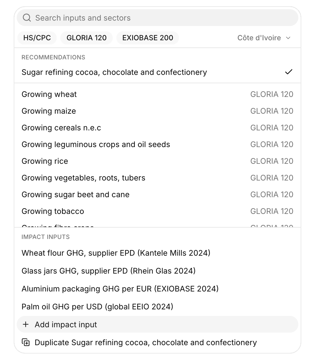 Metric cell list for the GHG emissions of Cocoa mass, with the sectors, the GHG impact inputs, and the actions Add impact input and Duplicate of the system sector