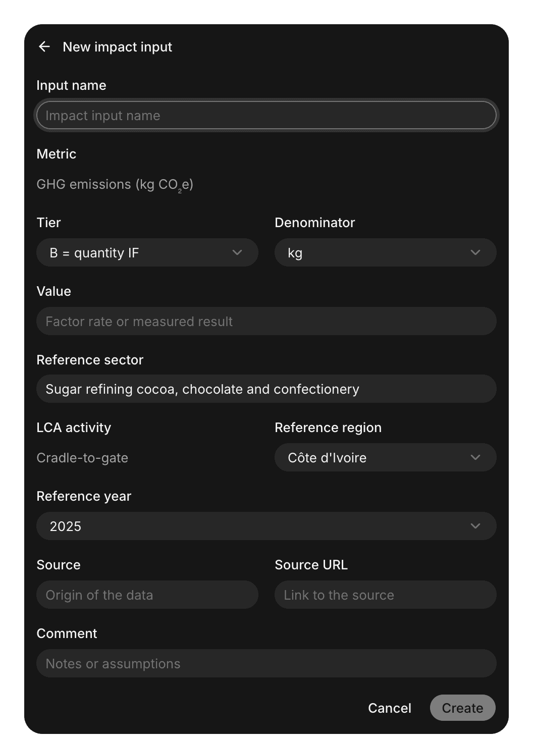 New impact input form opened from the GHG emissions cell of Cocoa mass, prefilled with the metric, Tier B per kg, the reference sector, Côte d'Ivoire, and 2025