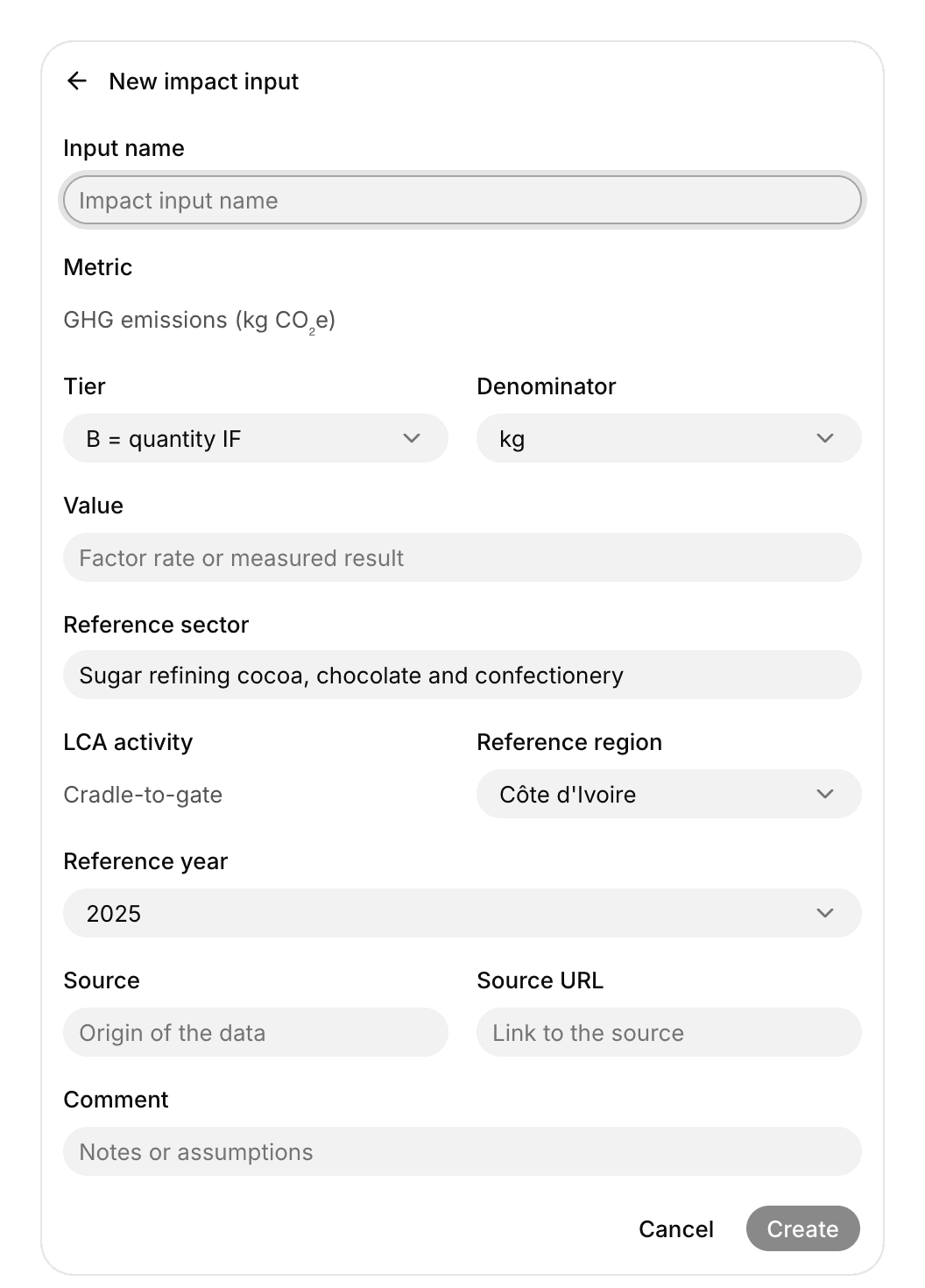 New impact input form opened from the GHG emissions cell of Cocoa mass, prefilled with the metric, Tier B per kg, the reference sector, Côte d'Ivoire, and 2025