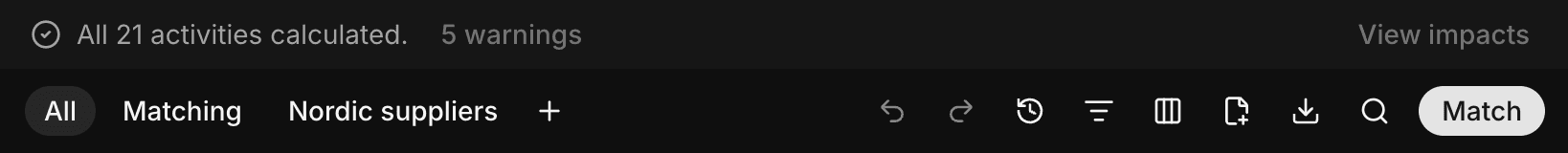 Activities status bar reading All 21 activities calculated with 5 warnings and View impacts, above the toolbar with the views and Match