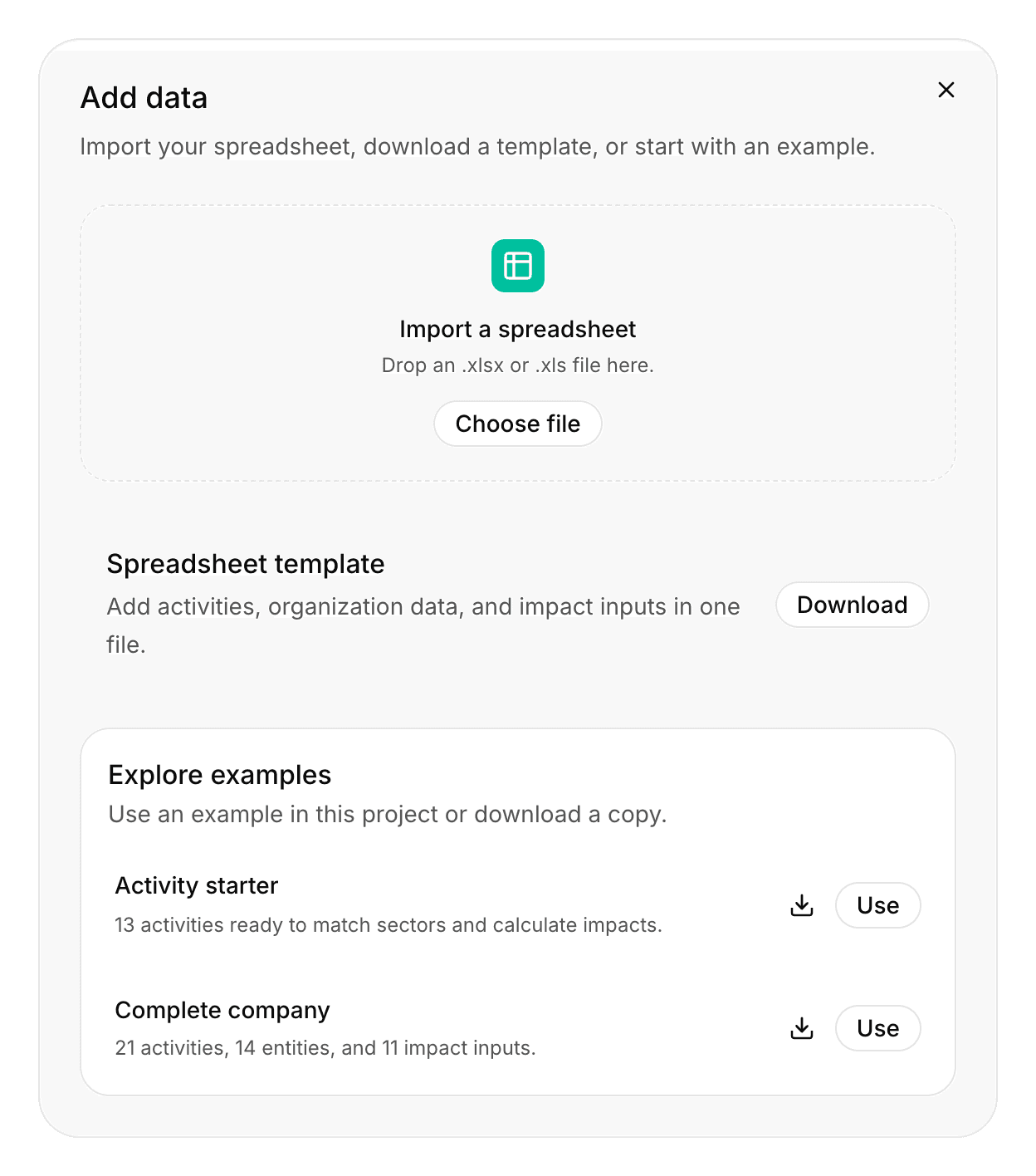 Add data dialog with the file drop zone, the spreadsheet template download, and the Activity starter and Complete company examples